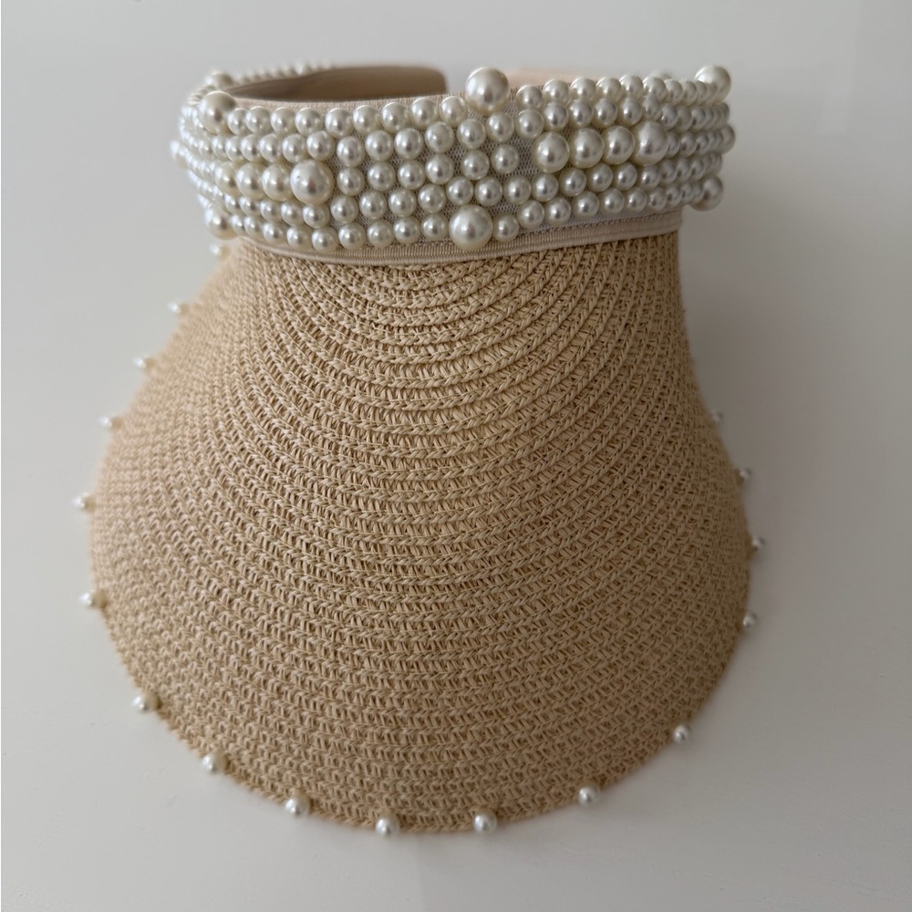 Elegant Pearl-Embellished Tan Sun Visor